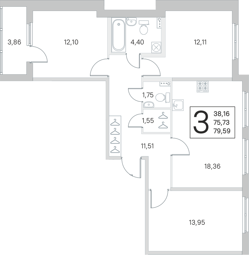 3-комнатная квартира 75.73 м², 1/4 эт., ЖК «Любоград в Стрельне»